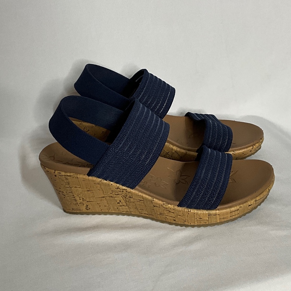 Skechers Cali Luxe Foam Navy Elastic Straps Wedge Sandals